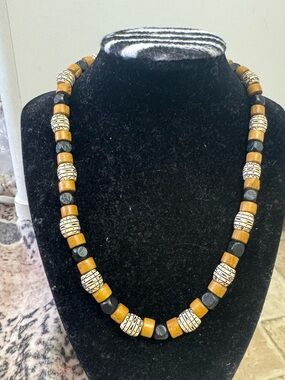 Boho Wood and Bone Bead Necklace in Brown and Black